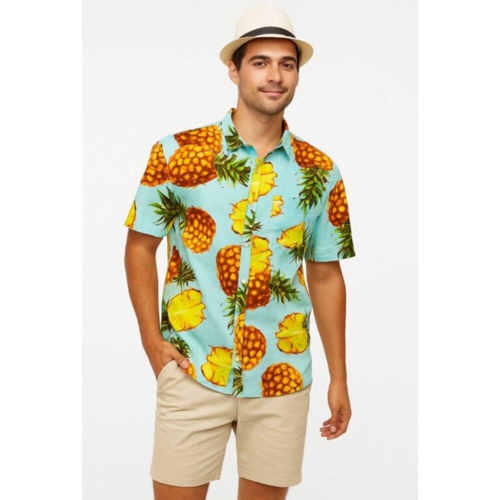 SHEIN Blue Pineapple Print Short Sleeve Button Down Shirt